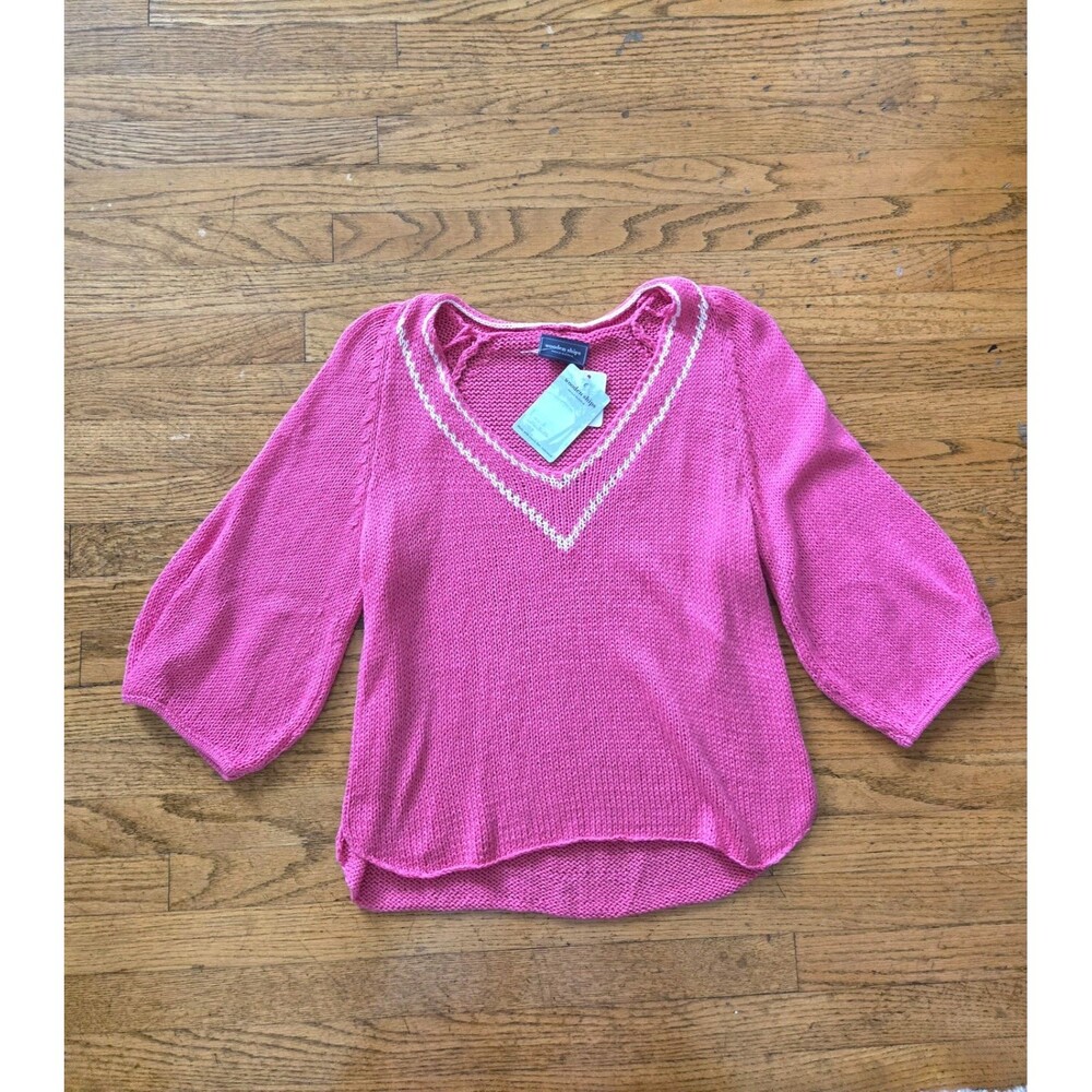 Wooden Ships Pink V-Neck 3/4 Sleeve Knit Sweater Bell Sleeve Size S/M NWT